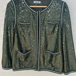 Amélie collarless Dark Green sequin jacket with silver Chain trim Size S Paris